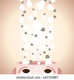 Vector illustration of numerous lightbulbs pouring into a man's head.