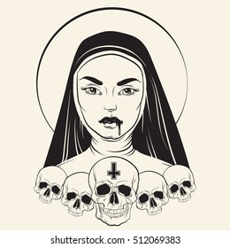 Vector illustration of nun with human skull blood and cross made in hand drawn line realistic style. Template for card poster banner print for t-shirt