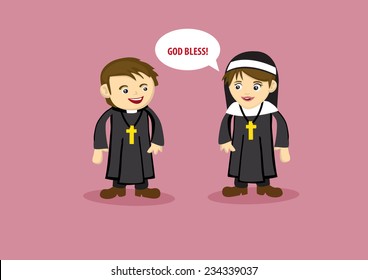 Vector illustration of nun saying God Bless to a Priest in cute cartoon style 
