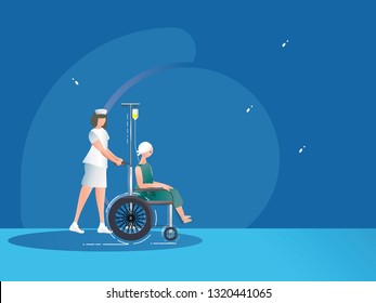 Vector Illustration Of Nurse And Cancer Patient Sitting On Wheelchair With Head Scarf.Medical Concept Of Cancer Treatment.