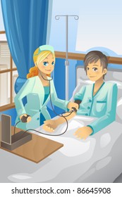 Vektorgrafik einer Krankenschwester, die den Blutdruck eines Patienten überprüft