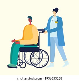 Vector illustration with nurse and disabled man in the flat style