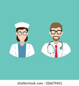 Vector Illustration Of A Nurse And A Doctor. Vector Character Design, User Icon. Healthcare Professionals, Hospital Workers. 