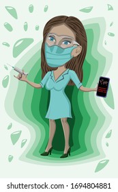 Vector illustration with a nurse or doctor with a tablet with a distribution map of COVID-19 and a syringe with a vaccine. Pretty paramedic wearing a mask and goggles.