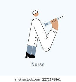 Vector illustration with Nurse in flat style. Profession ABC series. Alphabet. Letter N