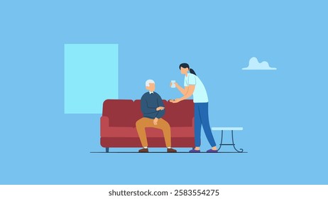 Vector illustration of a nurse help adult man, senior, elderly taking medicine, pills or supplements and glass of water in a nursing home. Elderly healthcare and support, age caregiving.