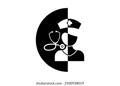 Vector illustration of a nurse icon with a stethoscope, split into black and white halves. Symbolizes medical care, nursing, healthcare professionals, and medical services.