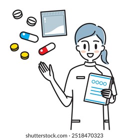 Ilustración vectorial de un enfermero o farmacéutico explicando la medicina