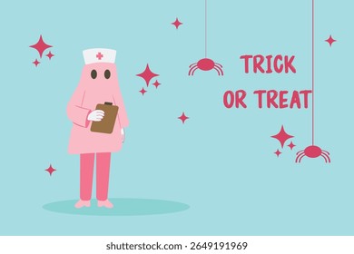 Ilustração vetorial Enfermeira em traje fantasma rosa segurando prancheta, com texto "Truque ou Trate" no fundo azul Pendurando aranhas cor-de-rosa Desenho de desenho animado de Halloween divertido bonito Conceito de instituições médicas