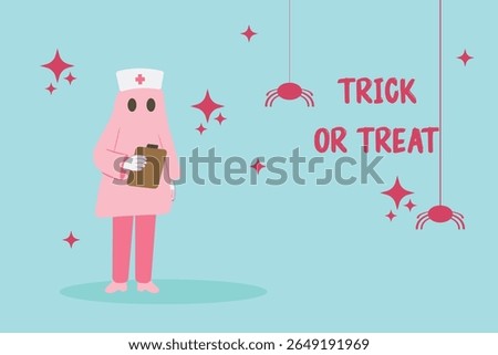 Vector illustration Nurse in pink ghost costume holding clipboard, with "Trick or Treat" text on blue background Hanging pink spiders Cute fun Halloween cartoon design Concept of medical institutions