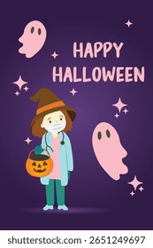 Vector illustration Nurse with stethoscope holding pumpkin candy basket surrounded by ghosts Purple background "Happy Halloween" text Fun holiday design Concept of medical institutions Vertical card