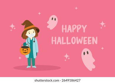 Vector illustration Nurse with stethoscope Witch hat holding pumpkin candy basket surrounded by ghosts Pink background "Happy Halloween" text Fun cartoon holiday design Concept of medical institutions