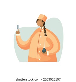Ilustración vectorial de una enfermera con una jeringa en su mano y un enema. Profesión.