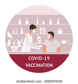 Vector illustration Nurse with syringe vaccinates against covid-19 to human Vaccine Immunization Coronavirus Vaccination People Healthcare Public health program Medical support supervision service