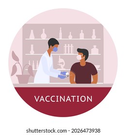Vector illustration Nurse with syringe vaccinates to human Vaccine Immunization Coronavirus COVID-19 Vaccination People Healthcare Public health program Medical support supervision service