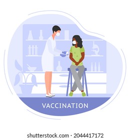 Vector illustration Nurse with syringe vaccinates to human Vaccine Immunization Coronavirus COVID-19 Vaccination People Healthcare Public health program Medical support supervision service