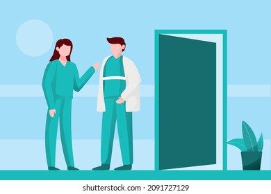 Vector illustration nurse is talking with doctor isolated on hospital background.