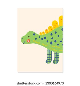 vector illustration. nursery card with cute dinosaur stegosaurus. For kids prints, postcards, wall art.