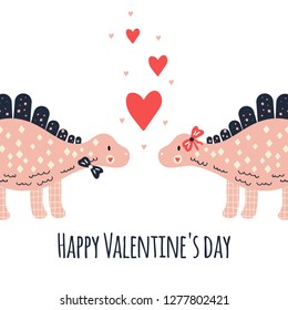 Vector illustration. Nursery cute print with dinosaur. Happy Valentine's day. 14 February. Heart. For children's t-shirts, posters, banners, greeting cards. Pink, red, dark blue.