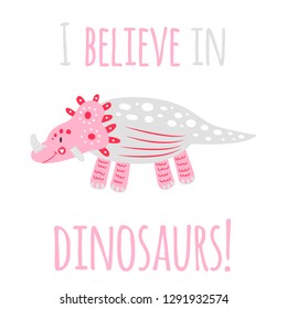 Vector illustration. Nursery cute print with dinosaur triceratops. Pink, grey.  For children's t-shirts, posters, banners, greeting cards, wall art, girl's room.