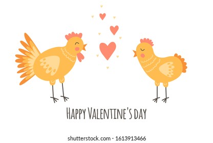 Vector illustration. Nursery cute print with chickens and hearts. Happy Valentine's day. 14 February. Yellow, pink, orange.