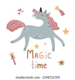 Vector illustration for nursery decoration, posters and textiles with a cute unicorn on a white background and lettering: magic time.