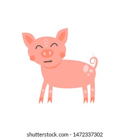 Vector illustration. Nursery print cute funny pink pig isolated on white background. 