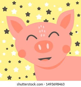 Vector illustration. Nursery print cute head funny pink pig. 