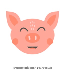 Vector illustration. Nursery print head cute funny pink pig isolated on white background. 