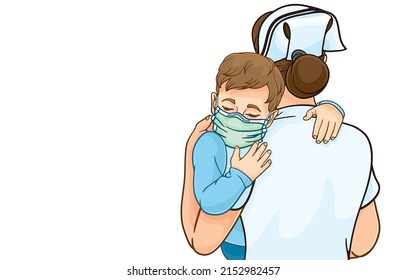 Vector illustration of nurse's back view holding sleeping boy,comforting sick little boy wearing mask to prevent coronavirus,Dangers of COVID-19,on white.Love,care for kids,International Nurses Day.