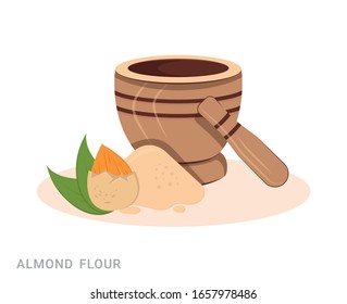 Vector illustration of nut, almond flour and mortal and pestle. Food additive on a white background.