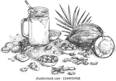 Vector illustration of nut milk still life. Fresh made drink, healthy food. Farmers market. Coconut, cashews, almonds, soy, oatmeal, hazelnuts. Vintage hand drawn style.