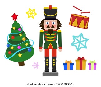 Vector illustration of a nutcracker with christmas tree, drum and presents