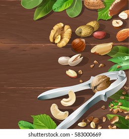 Vector illustration of nutcracker and nuts - cashews, almonds, brazil pistachio arranged on a wooden background