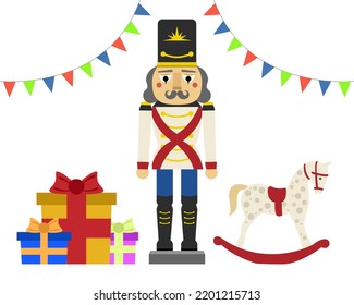 Vector illustration of a nutcracker with Rocking Horse and presents