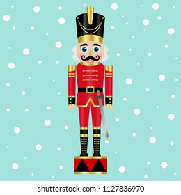 Vector illustration of a nutcracker with sword on a snow background