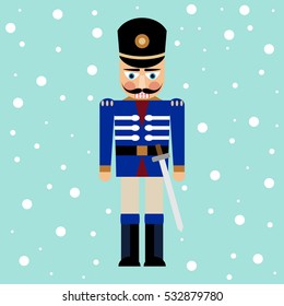 Vector illustration of a nutcracker with sword on a snow background