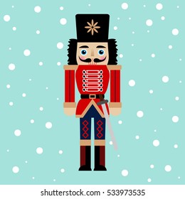 Vector illustration of a nutcracker with sword on a snow background