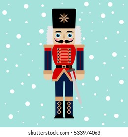 Vector illustration of a nutcracker with sword on a snow background