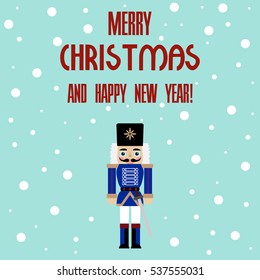 Vector illustration of a nutcracker with sword and text merry christmas and happy new year