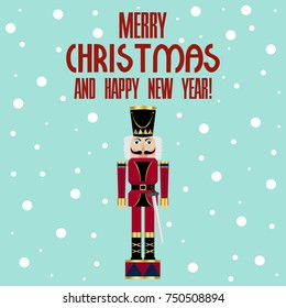 Vector illustration of a nutcracker with sword and text merry christmas and happy new year