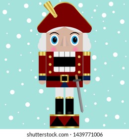 Vector illustration of a nutcracker toy soldier on a snow background