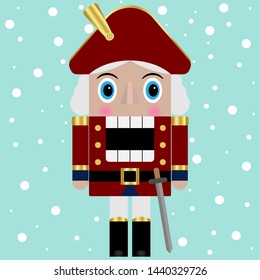 Vector illustration of a nutcracker toy soldier on a snow background