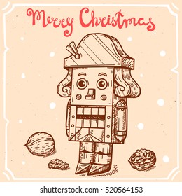 Vector illustration of nutcracker with walnut,text Merry Christmas on the background with abstract paper texture,retro frame.Letters,christmas toy sketch.Linear art in vintage style for your design.