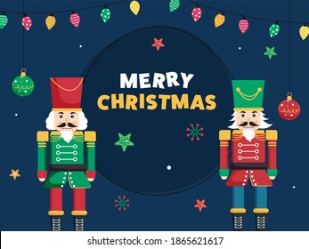 Vector Illustration Of Nutcrackers Character With Stars, Hanging Baubles And Lighting Garland On Blue Background For Merry Christmas.