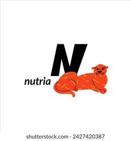 Vector illustration with nutria and English capital letter N. childish alphabet for language learning	
