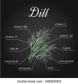vector illustration of nutrients list for dill on chalkboard backdrop
