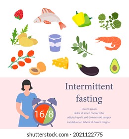 Vector illustration Nutrition Consultant explains Intermittent Fasting method 168, time-restricted eating to human Healthy lifestyle proper nutrition Diet food Weight loss Design for web print
