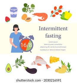 Vector illustration Nutrition Consultant explains Intermittent Fasting method 16-8, time-restricted eating to human Healthy lifestyle proper nutrition Diet food Weight loss Design for web print