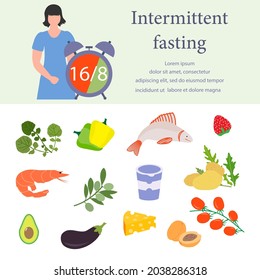 Ilustración vectorial Nutrición Consultor explica el método de ayuno intermitente 16-8, comida restringida al tiempo al estilo de vida saludable adecuado nutrición Dieta alimentos Pérdida de peso Diseño para impresión web